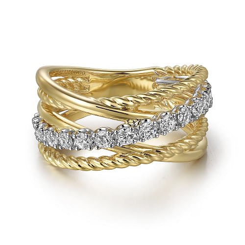 Ring diamond multi row intertwined band 2-tone - Gaines Jewelers