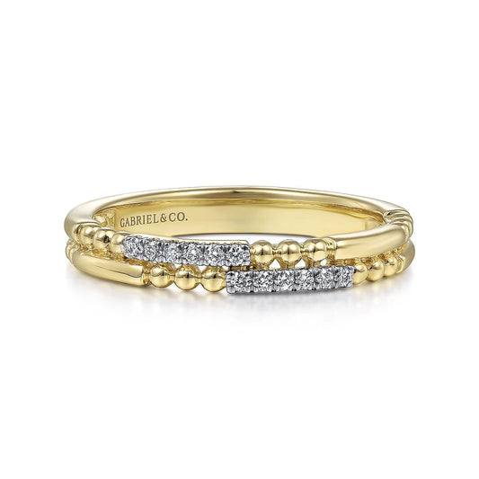 Ring diamond row with bead row thin 14kt yellow gold - Gaines Jewelers