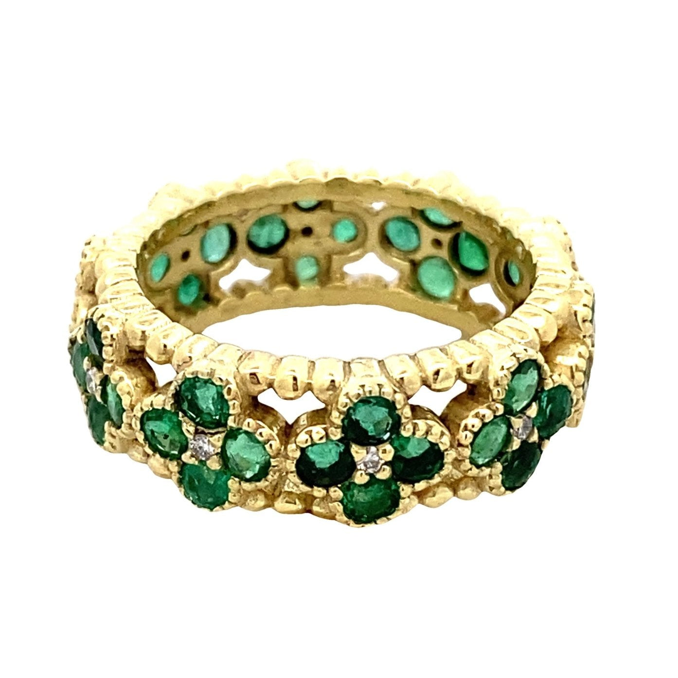 Ring emerald and diamond clusters band 14kt yellow gold - Gaines Jewelers