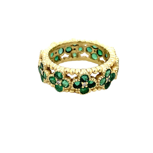 Ring emerald and diamond clusters band 14kt yellow gold - Gaines Jewelers