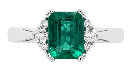 Ring emerald cut emerald with diamond sides - Gaines Jewelers