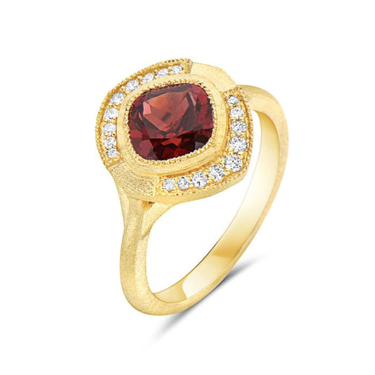 Ring garnet 1 cushion set north-south with diamond accents yg - Gaines Jewelers