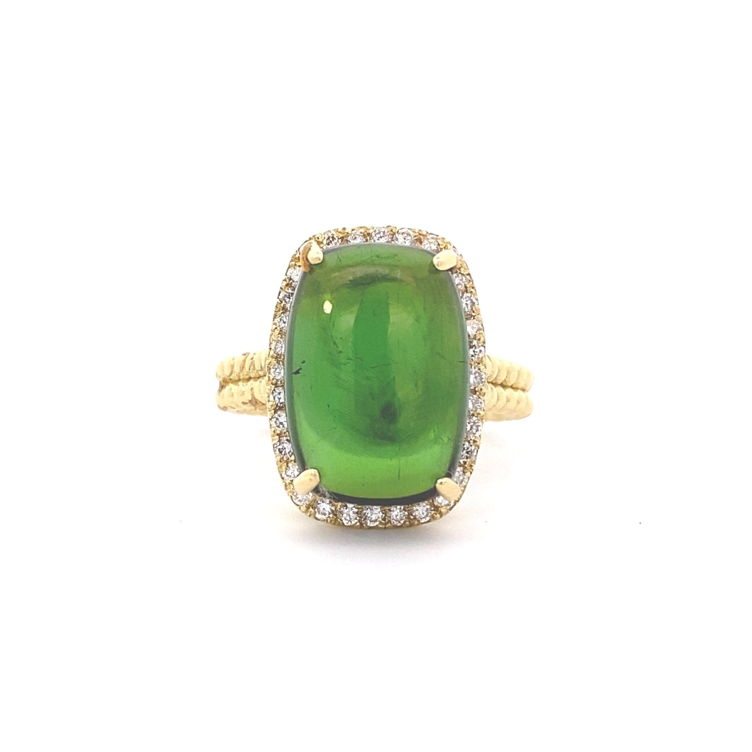 Ring green tourmaline diamond halo with bead shank - Gaines Jewelers
