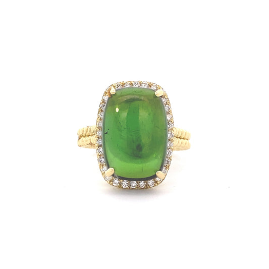 Ring green tourmaline diamond halo with bead shank - Gaines Jewelers