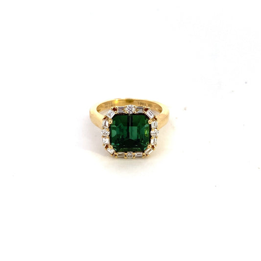 Ring green tourmaline with diamond halo yellow gold - Gaines Jewelers