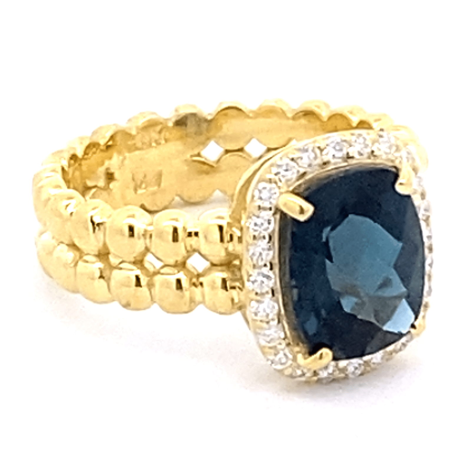 Ring London blue topaz diamond halo 14kt yellow gold - Gaines Jewelers