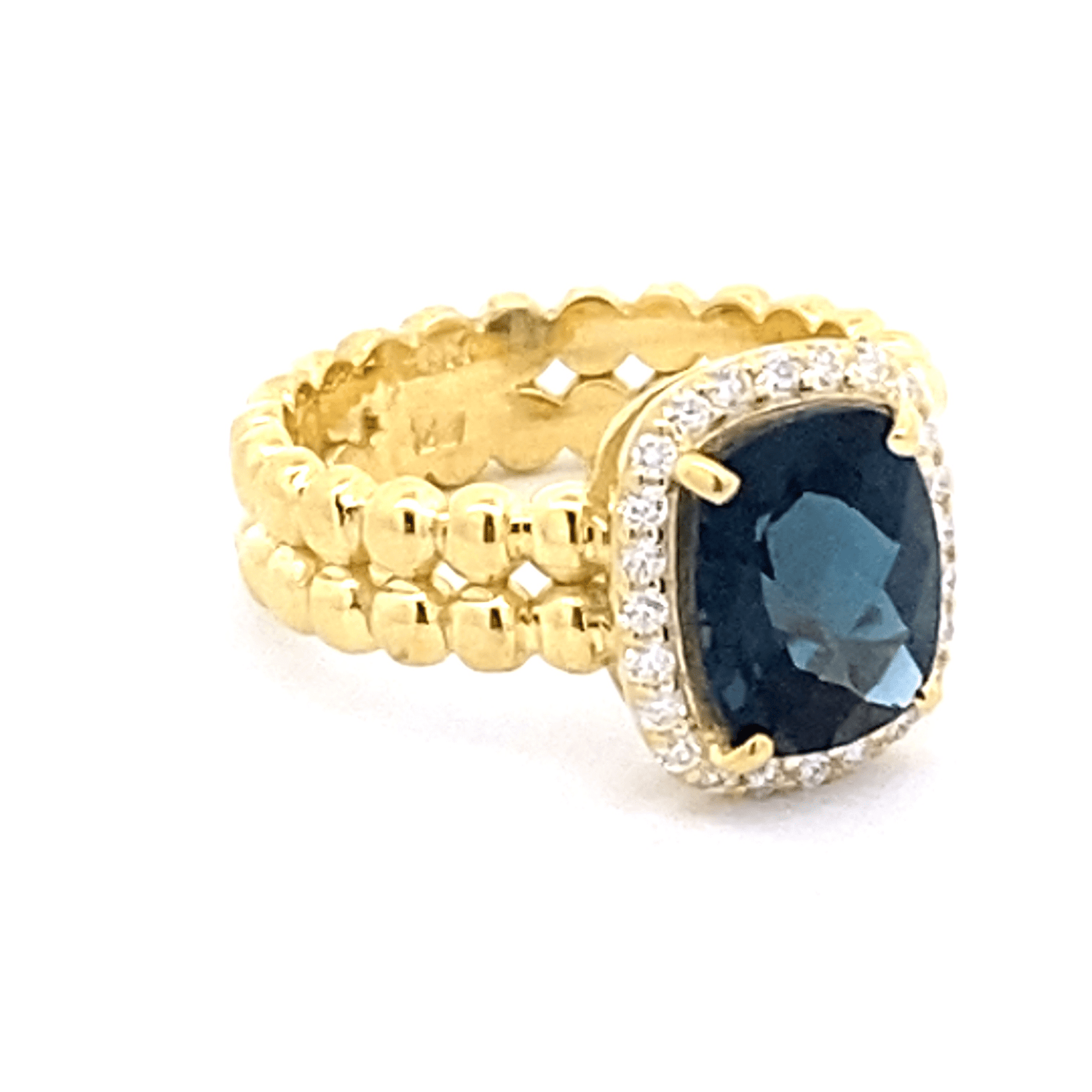 Ring London blue topaz diamond halo 14kt yellow gold - Gaines Jewelers