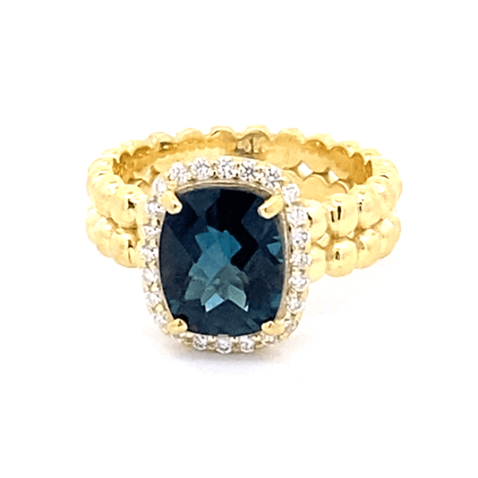 Ring London blue topaz diamond halo 14kt yellow gold - Gaines Jewelers