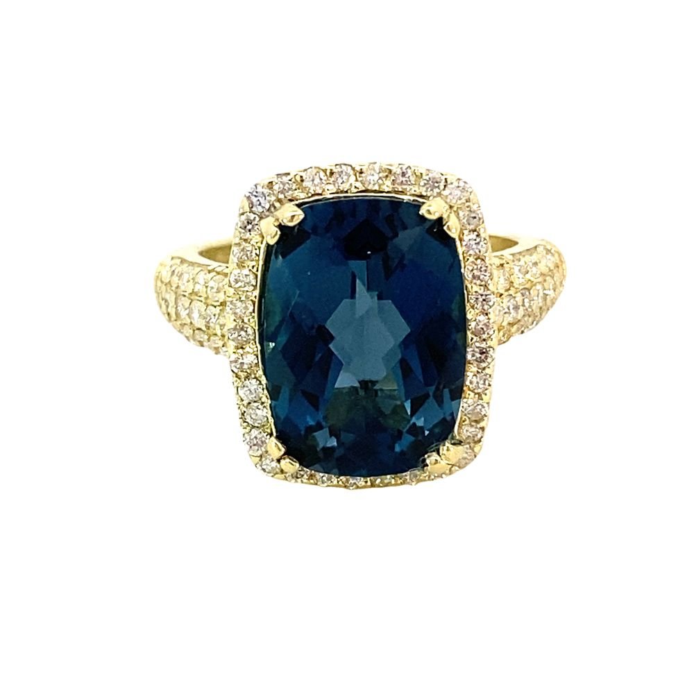 Ring london blue topaz diamond halo & shank 14kt yellow gold - Gaines Jewelers