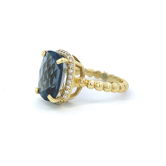 Ring London blue topaz with diamond halo and beaded shank - Gaines Jewelers