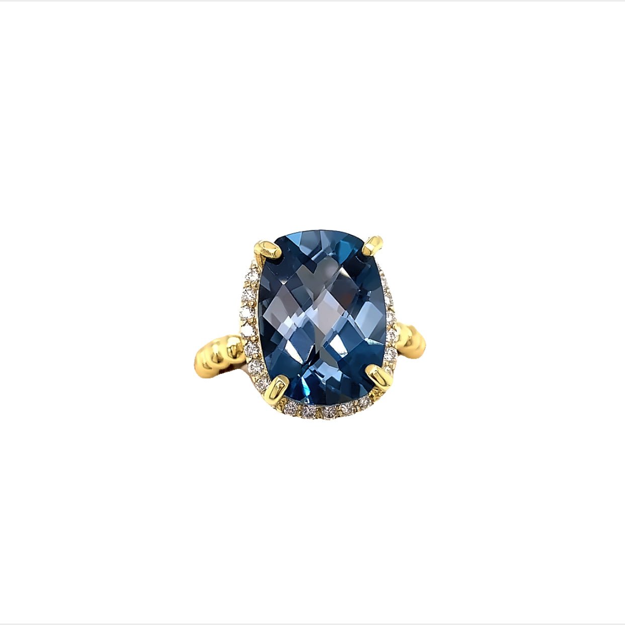 Ring London blue topaz with diamond halo and beaded shank - Gaines Jewelers