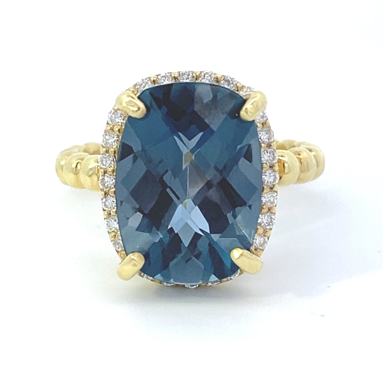 Ring London blue topaz with diamond halo and beaded shank - Gaines Jewelers