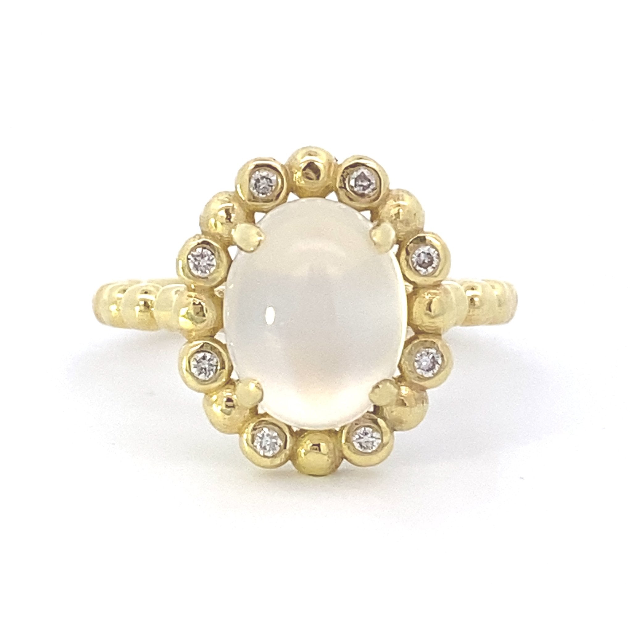 Ring- moonstone diamond halo bead - Gaines Jewelers