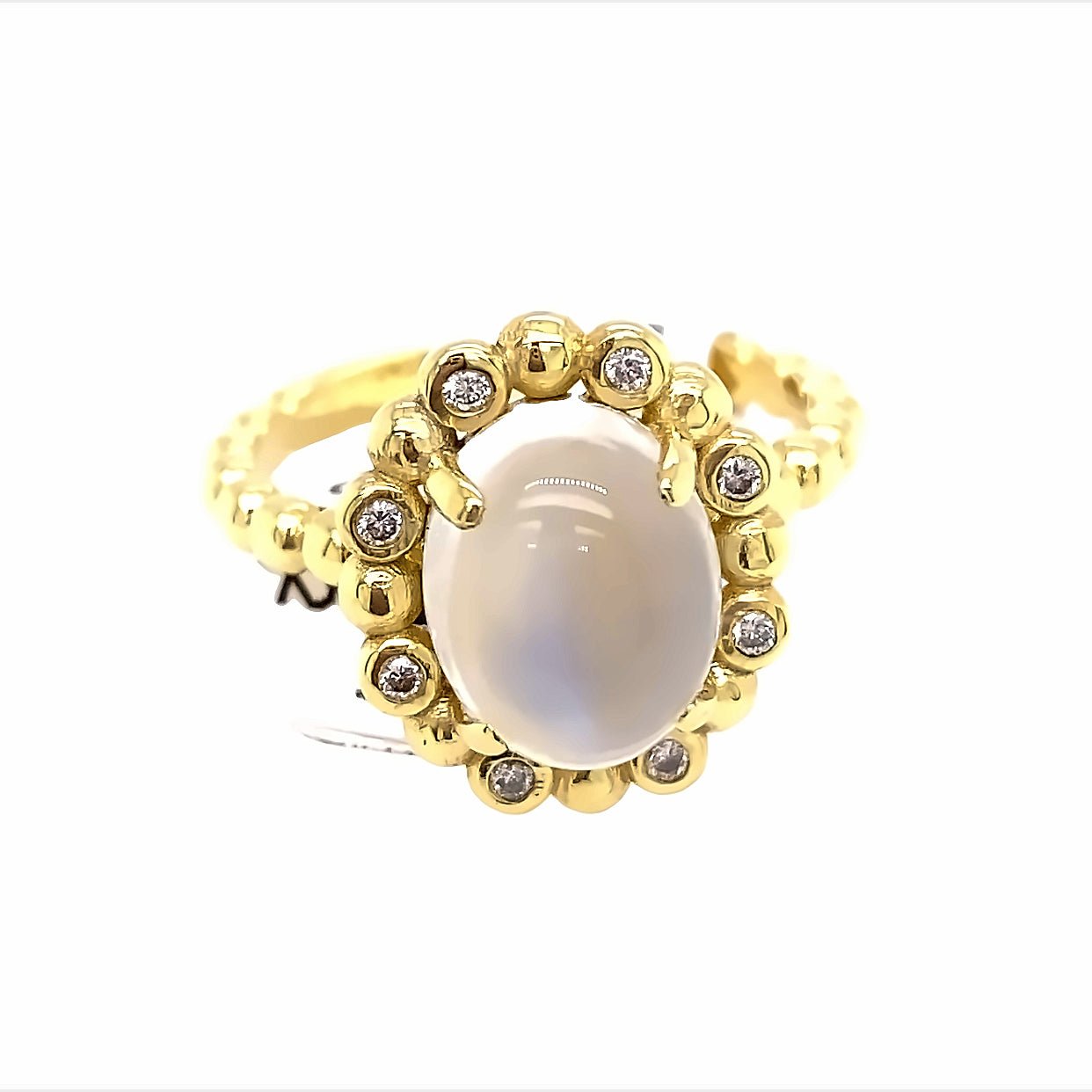 Ring- moonstone diamond halo bead - Gaines Jewelers
