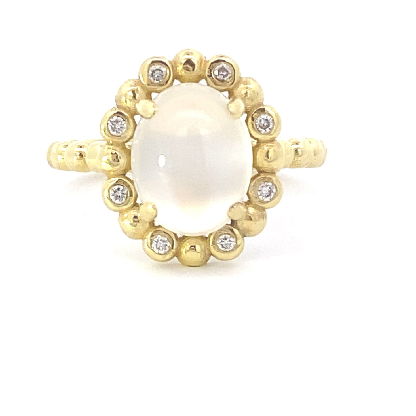 Ring- moonstone diamond halo bead - Gaines Jewelers