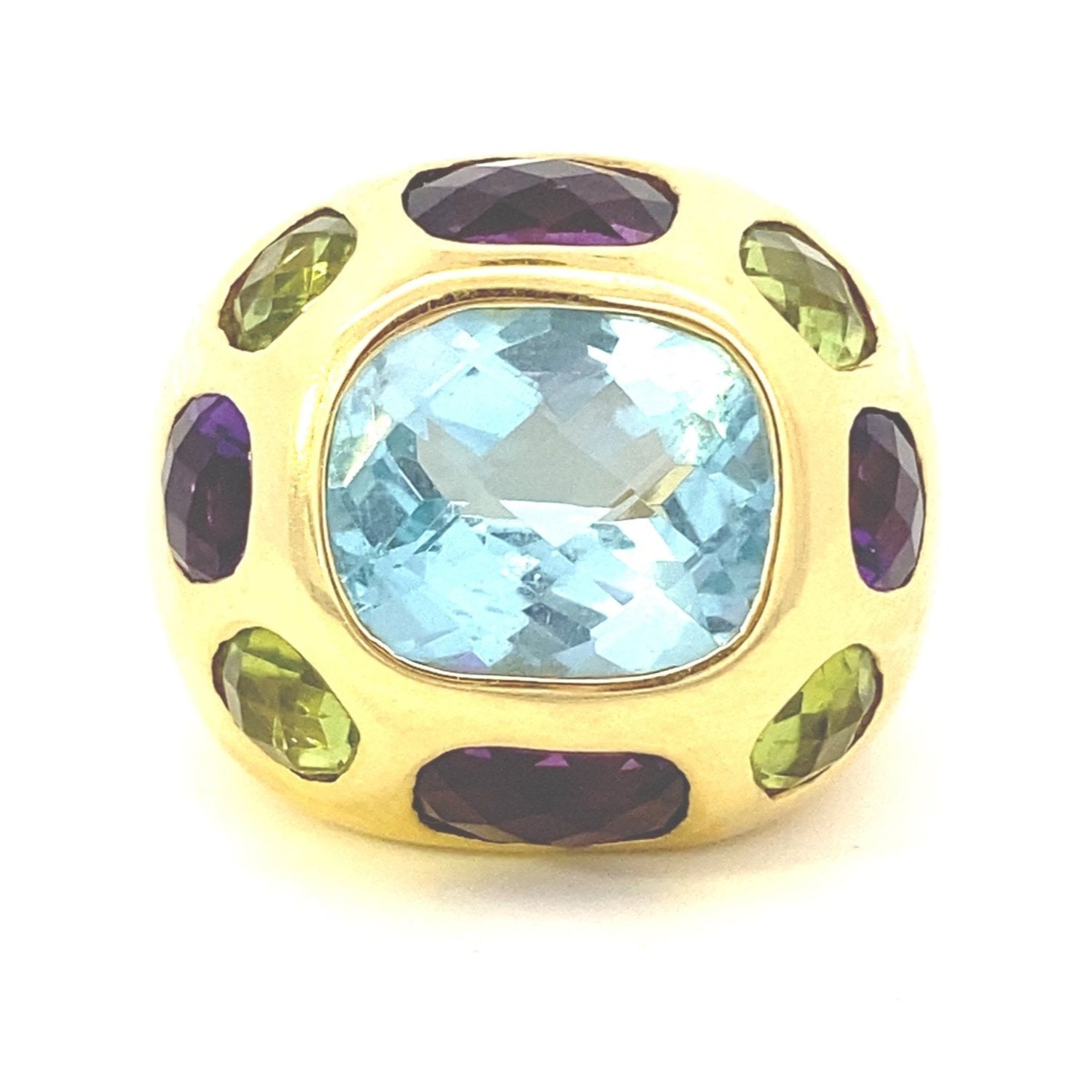 Ring multi-color, large dome 18k yg with amethyst, peridot, & blue topaz - Gaines Jewelers