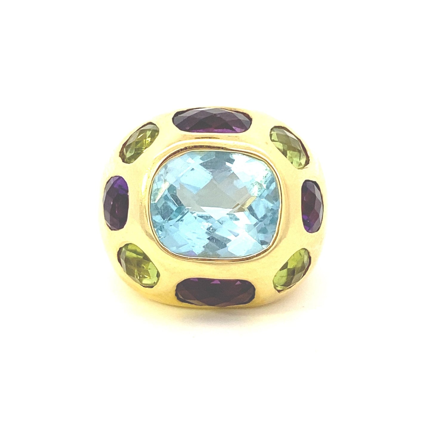 Ring multi-color, large dome 18k yg with amethyst, peridot, & blue topaz - Gaines Jewelers