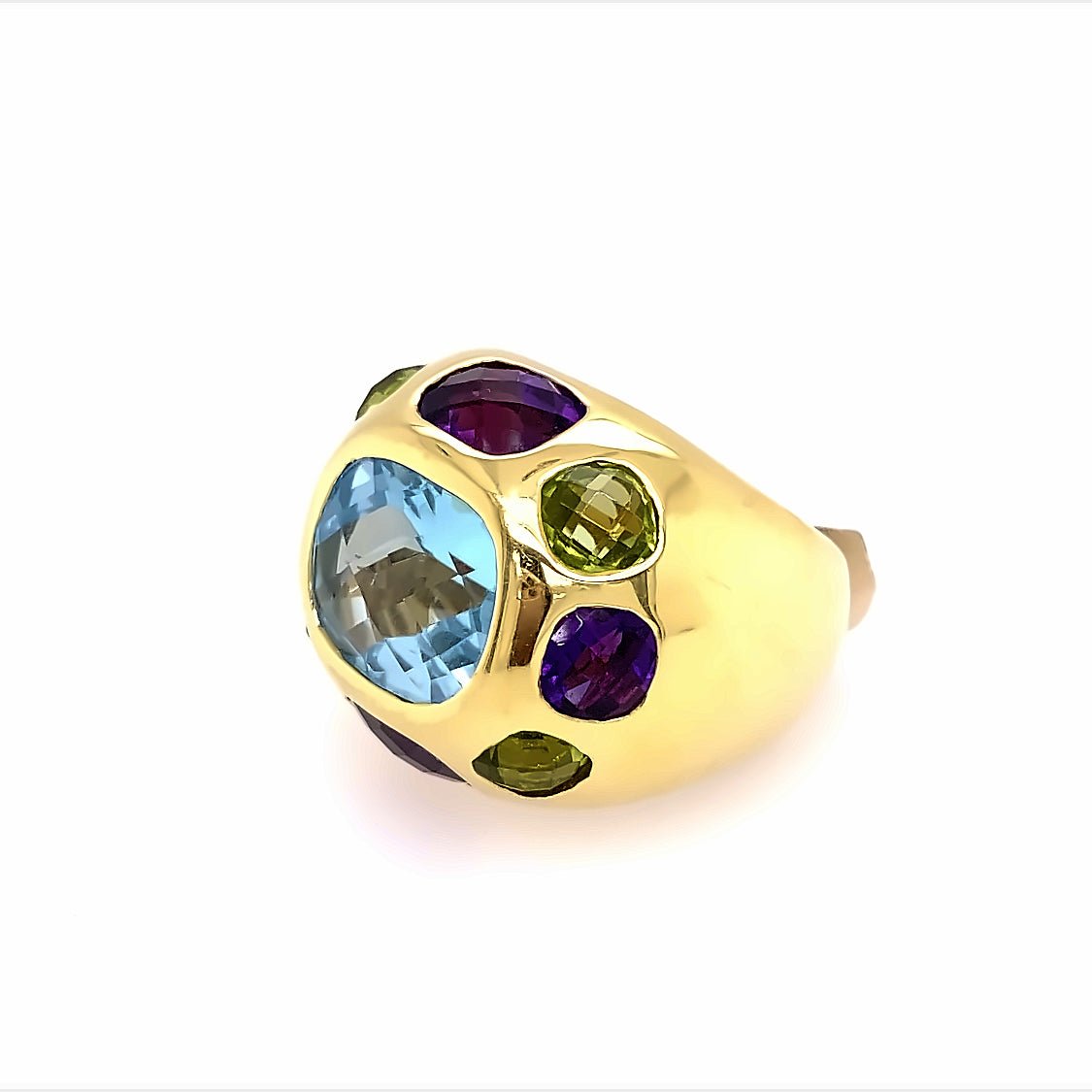 Ring multi-color, large dome 18k yg with amethyst, peridot, & blue topaz - Gaines Jewelers