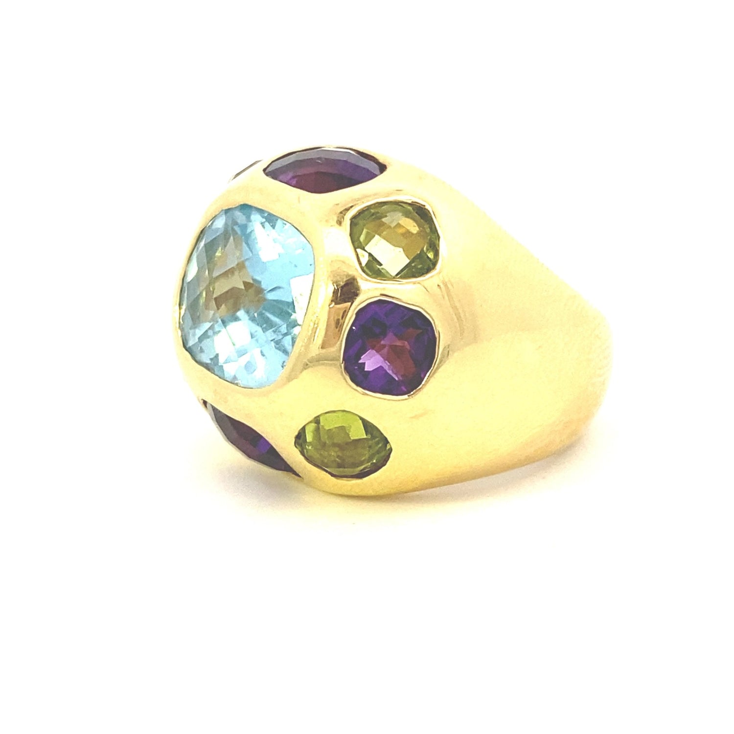 Ring multi-color, large dome 18k yg with amethyst, peridot, & blue topaz - Gaines Jewelers