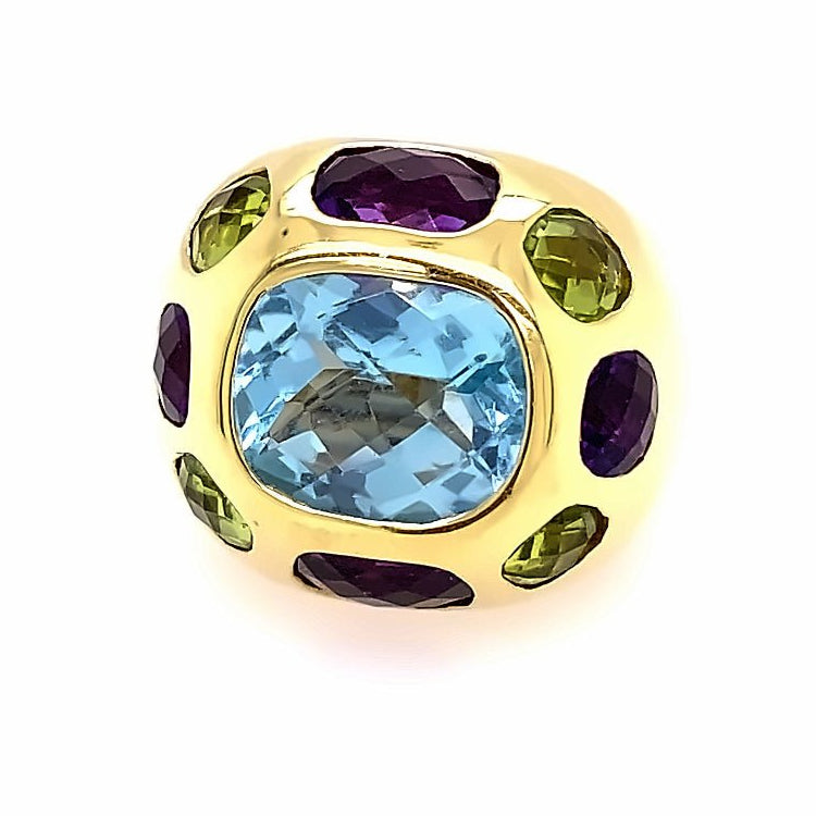 Ring multi-color, large dome 18k yg with amethyst, peridot, & blue topaz - Gaines Jewelers
