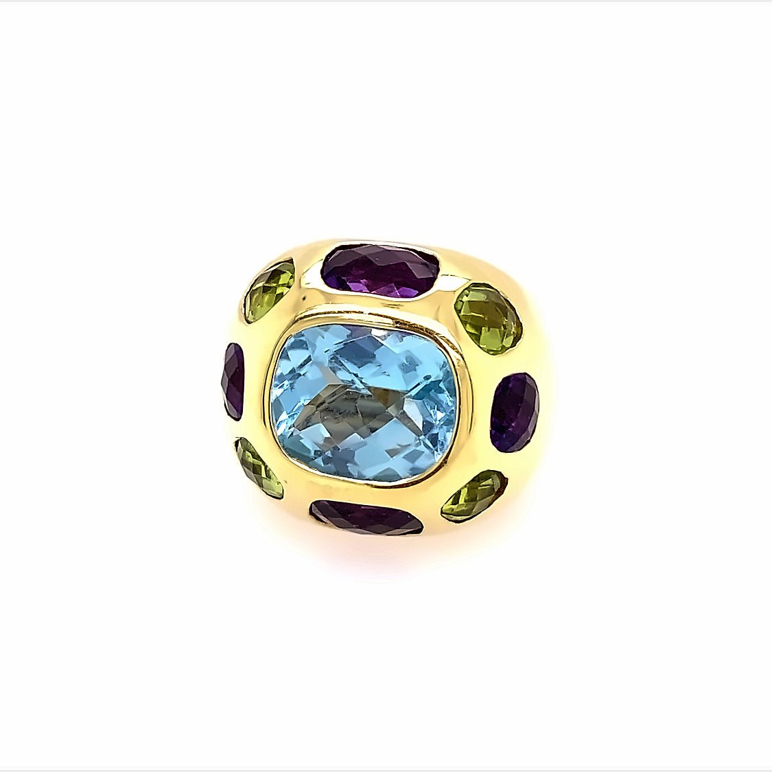 Ring multi-color, large dome 18k yg with amethyst, peridot, & blue topaz - Gaines Jewelers