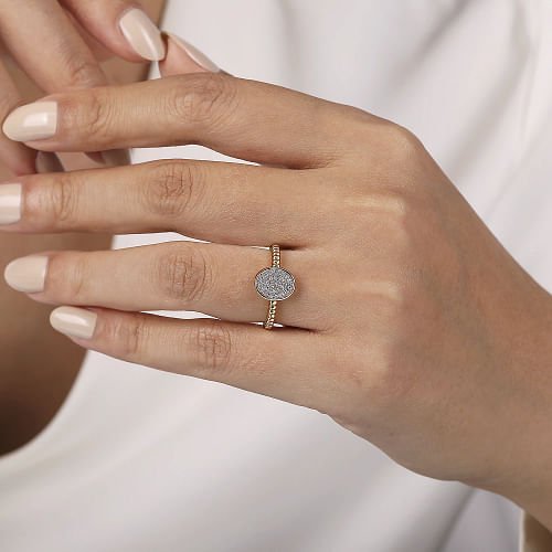 Ring oval pave diamond on bead shank 2-tone - Gaines Jewelers