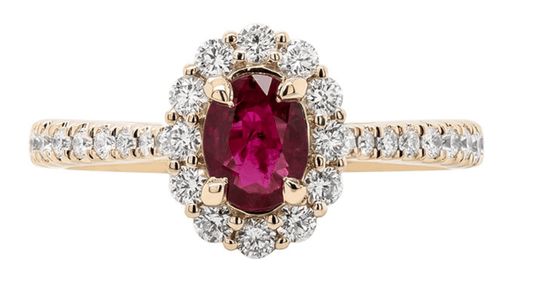 Ring oval ruby diamond halo and shank - Gaines Jewelers