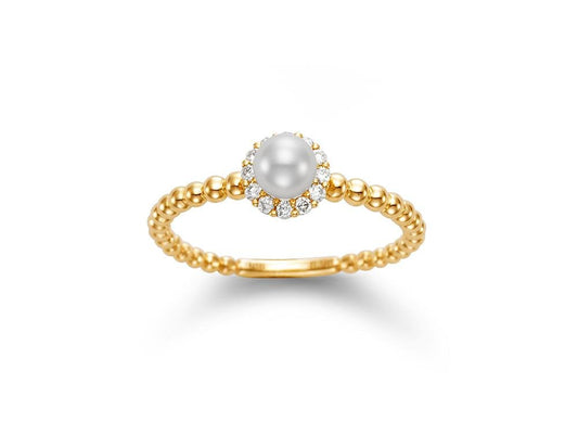 Ring pearl with diamond halo and bead shank - Gaines Jewelers