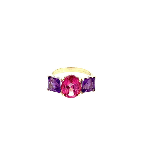 Ring pink topaz and amethyst 14kt yellow gold - Gaines Jewelers