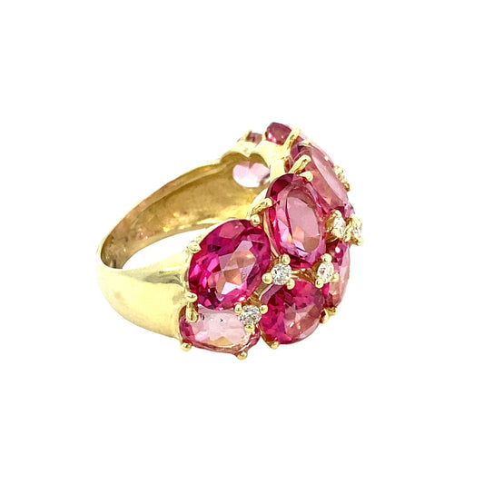 Ring pink topaz and diamond 2 row slightly domed 14kt yellow gold - Gaines Jewelers