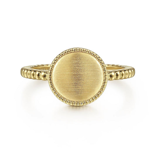Ring round signet on bead shank 14kt yellow gold - Gaines Jewelers