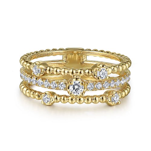 Ring triple row diamond; 14kt yellow gold - Gaines Jewelers