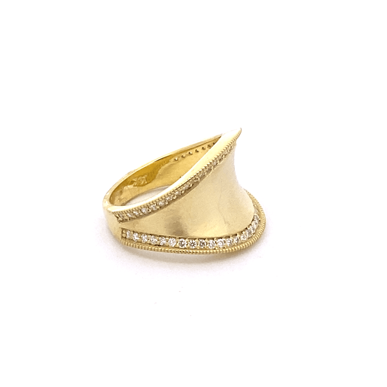 Ring wide concave gold band diamond edges - Gaines Jewelers