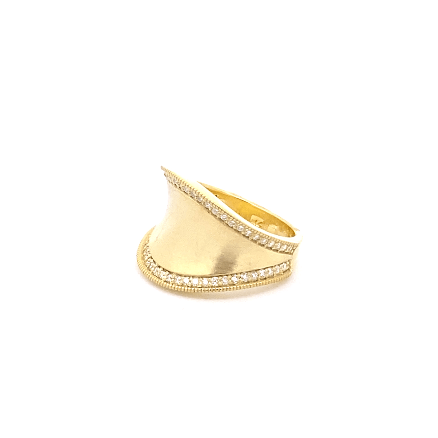 Ring wide concave gold band diamond edges - Gaines Jewelers