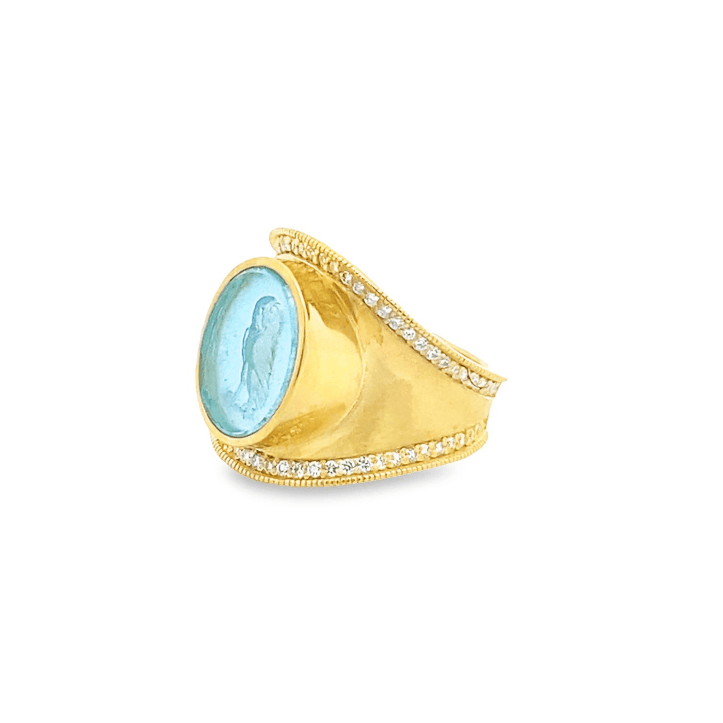Ring wide concave with bezel set aqua Venetian glass - Gaines Jewelers