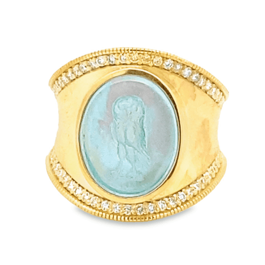 Ring wide concave with bezel set aqua Venetian glass - Gaines Jewelers