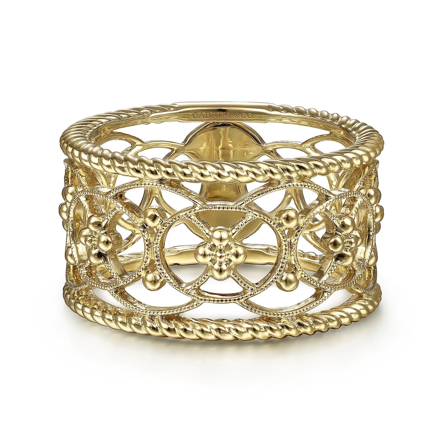 Ring- wide filigree 14kt yg - Gaines Jewelers