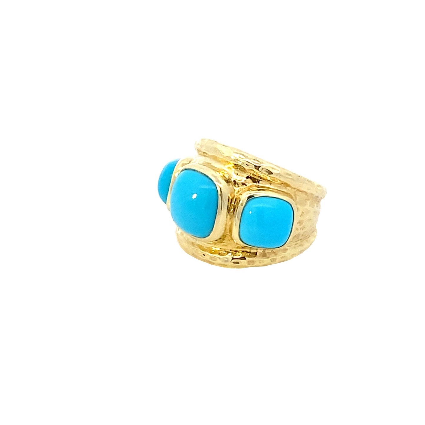 Ring wide with 3 large turquoise 14kt yellow gold - Gaines Jewelers