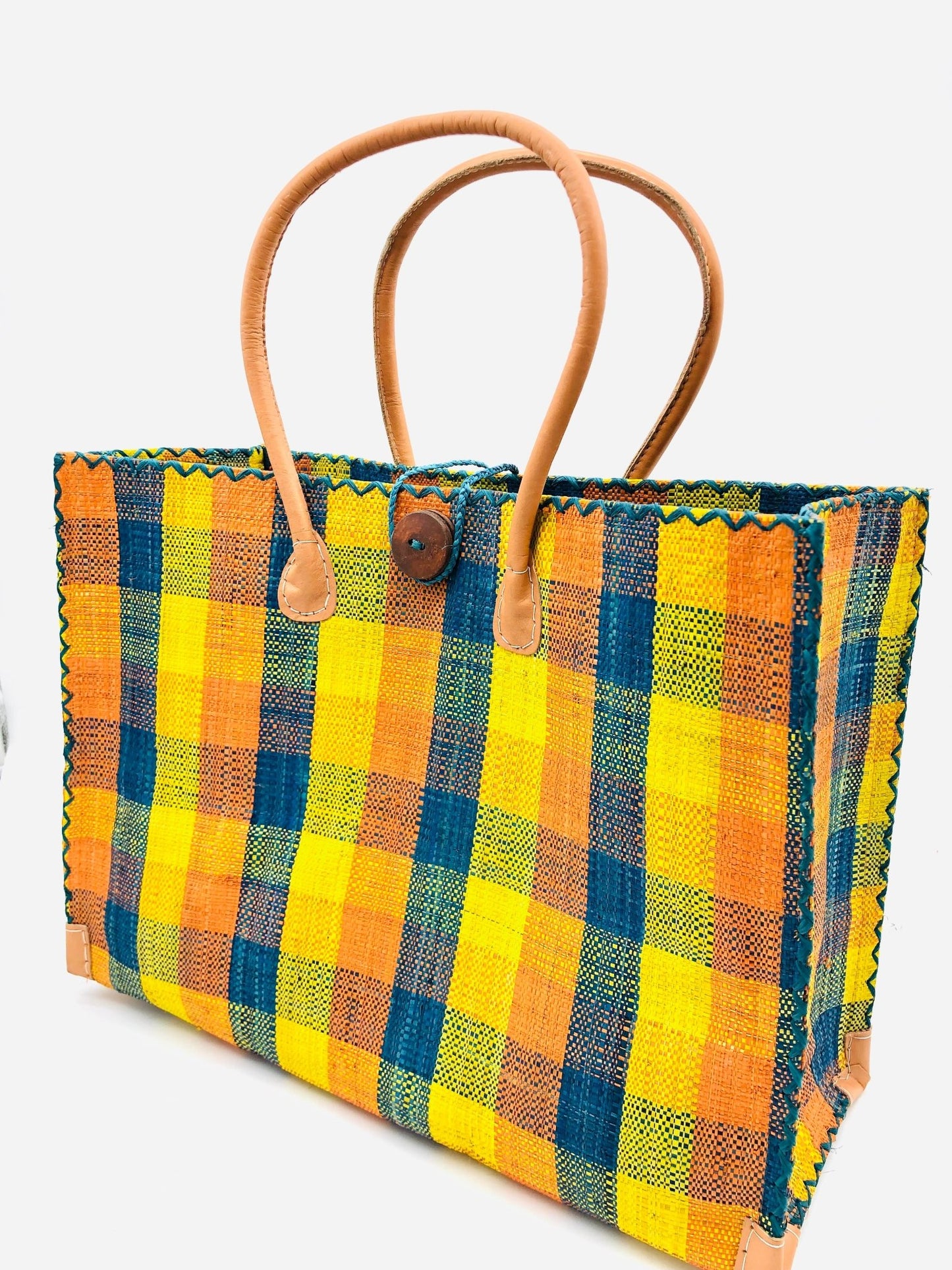 Shebobo - Zafran Gingham Large Straw Beach Bag with Plastic Liner - Gaines Jewelers