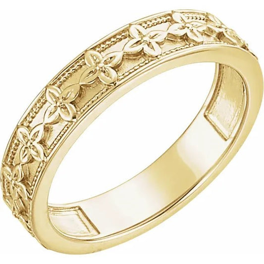 Stackable ring flat band carved 4mm 14kg yg - Gaines Jewelers