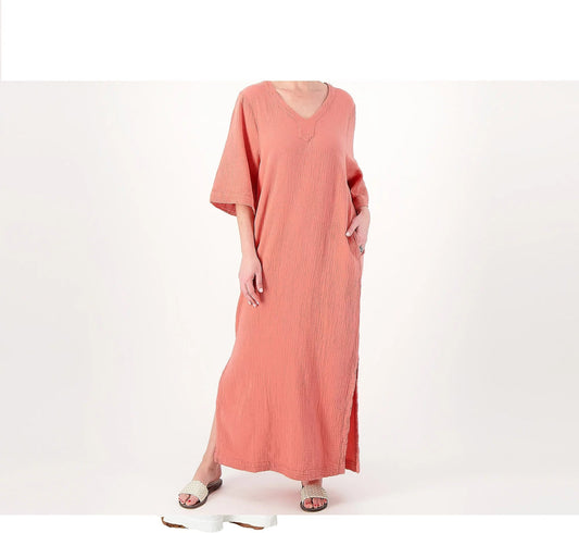 Sun Kissed Coral Sunsoaked Crinkle Cotton v Neck Caftan Malibu Collection - Gaines Jewelers