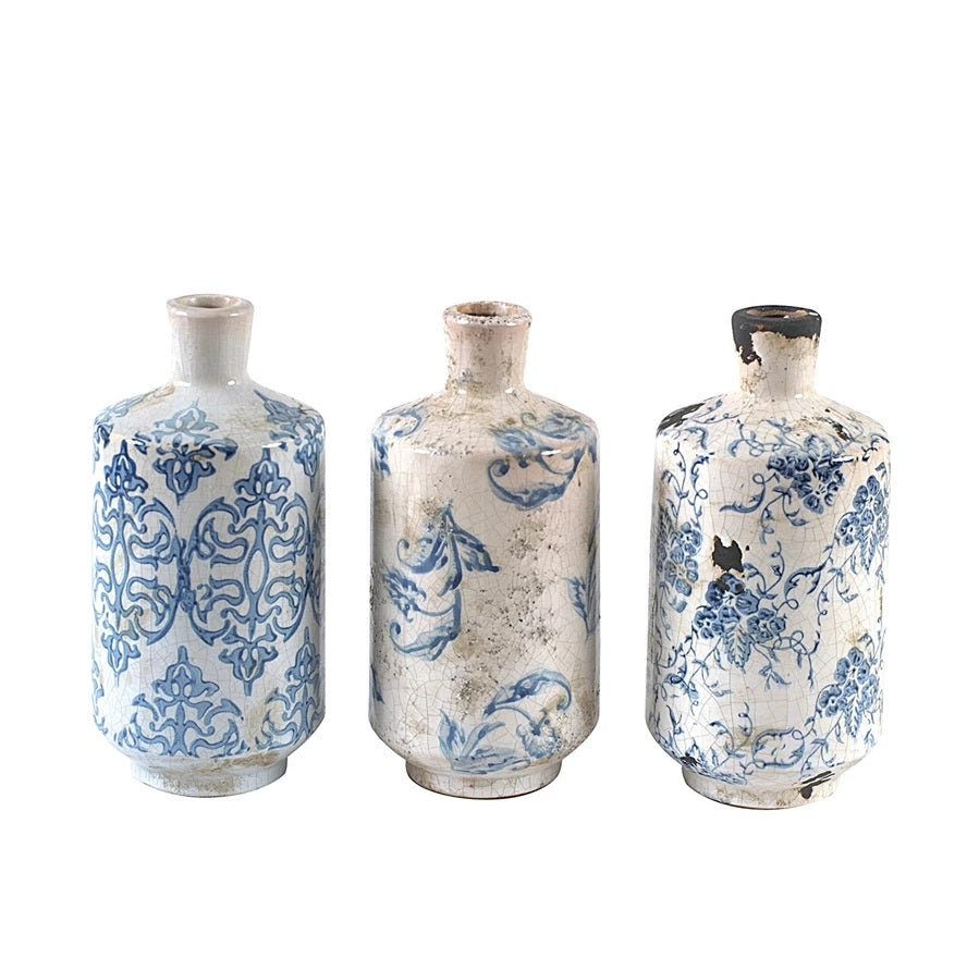 Terracotta Vase with Blue & White Pattern - Gaines Jewelers