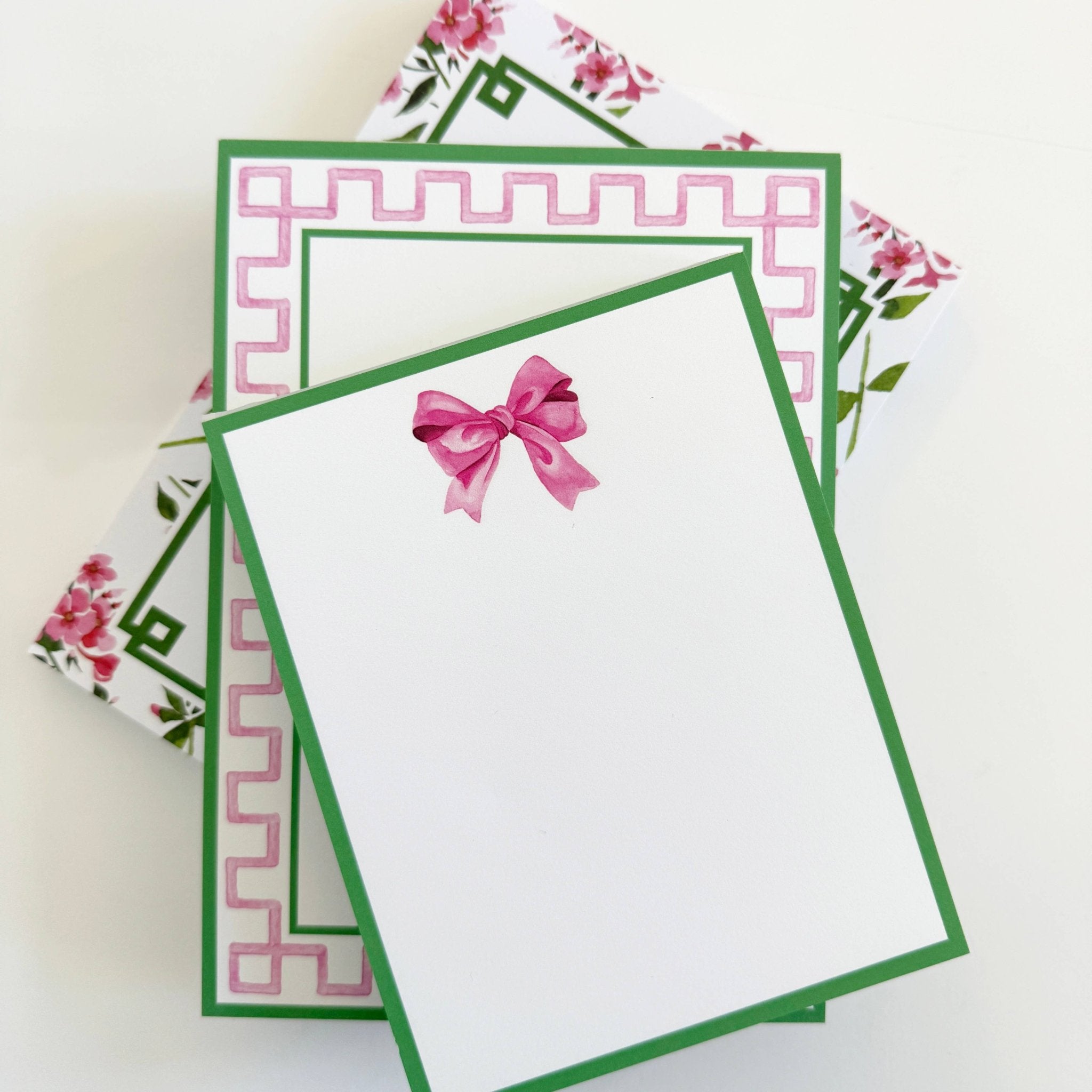 WH Hostess Social Stationery - 5"x7" Pink + Green Greek Key Border Notepad - Gaines Jewelers