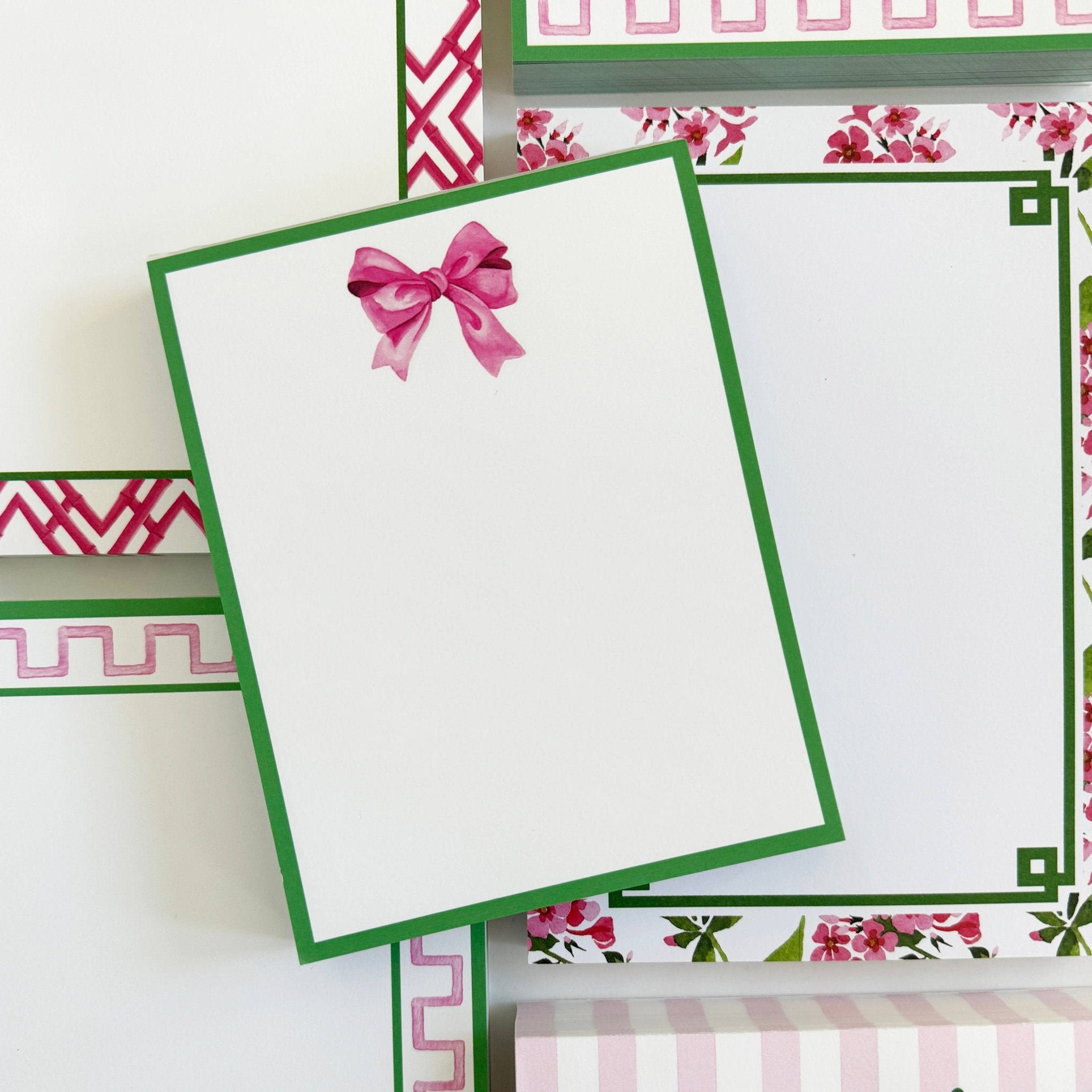 WH Hostess Social Stationery - 5"x7" Pink + Green Greek Key Border Notepad - Gaines Jewelers